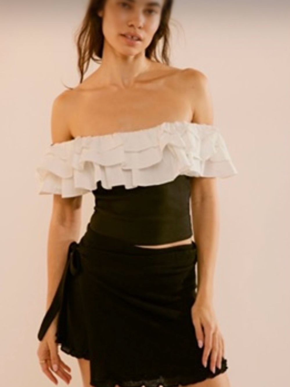 Free People Black Mini Wrap Skirt with Lace Trim